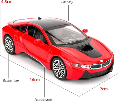 Image of 1:32 BMW i8 Diecast Toy Car Pull Back Metal Car with Openable Doors Sound & Light Features Realistic Kids Gift & Collectible Model for Boys & Girls (Red)