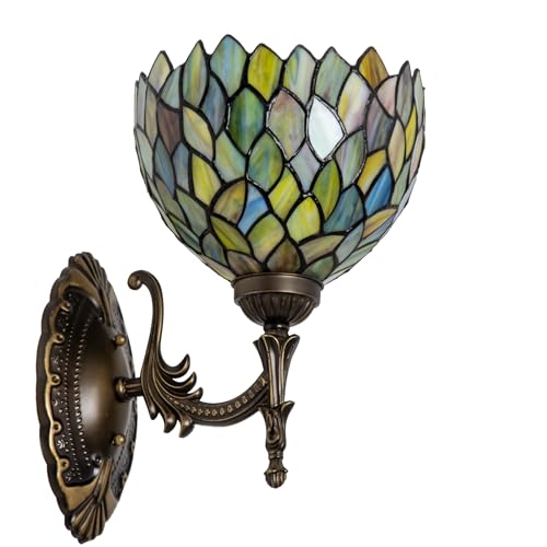 Image of Tiffany Wall Sconce Hand-Weld Stained Glass Bedside Lamp with Classic 8 Inches Wisteria Green Lampshade for Bedroom Hallway Living Room Home Office