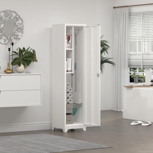 Image of Metal Slim Cabinet, Tall Bathroom Cupboard, White Storage Cabinet with Shelves, 65 inch H Storage Caninet for Laundry, Office, Kitchen Pantry, Anti-Tipping