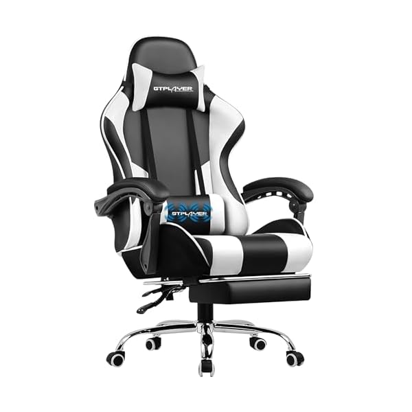 GTPLAYER Gaming Chair, Computer Chair with Footrest and Lumbar Support, Height Adjustable Game Chair with 360°-Swivel Seat and Headrest and for Office or Gaming (Pearl White)