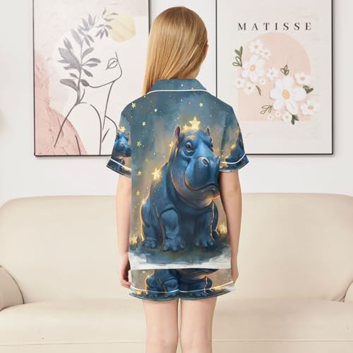 Satin Pajama Sets Short Sleeve Starry Hippo Night Sky Button Down Silky Nightwear 2 Piece PJS 5-14Y4