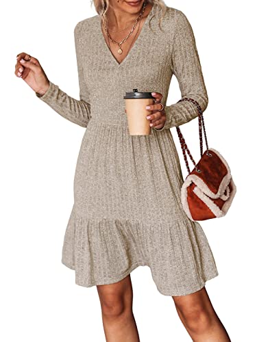 CUPSHE Damen Strickkleid Pulloverkleid V Ausschnitt Lange Ärmel Volants Herbst Pulli Minikleider Elegant Knit Sweater Dress Sand S