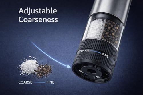 Image of Electric Salt and Pepper Grinder Stainless Steel Pepper Mill with Light Push Button One-Hand Operation Adjustable Coarseness (Silver)