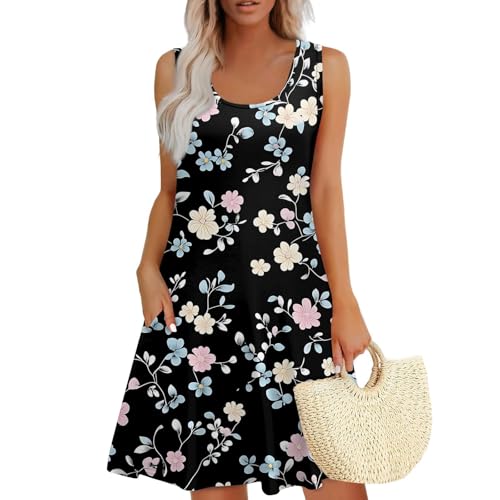 Ropa Mujer Verano 2025, Vestido Playa Mujer Playa Elegantes Sin Mangas Cuello Redondo Tallas Grandes Baratos Vestido Summer Dresses for Women Ofertas De Amazon Negro