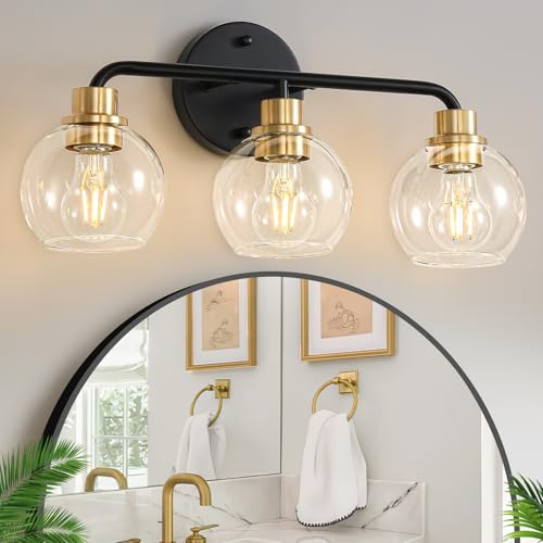 3 Light Bathroom Vanity Light Black and Gold Bathroom Light Fixtures with Clear Glass Shade Modern Wall Sconces Lighting Bath Wall Lights Lamp for Mirror Kitchen Living Room Bedroom Hallway Cabinet