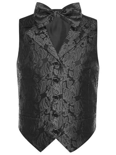 Boys Formal Paisley Suit Vest 5 Button 2 Piece Tuxedo Dressy Waistcoat with Bow Tie