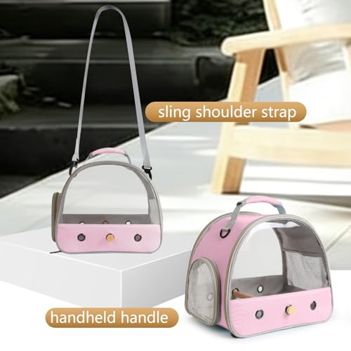 Image of Bird Carrier, Portable Small Bird Parrot Parakeet Carrier with Standing Perch and Stainless Steel Tray, Side Access Window Collapsible (Pink, Clear Windows)