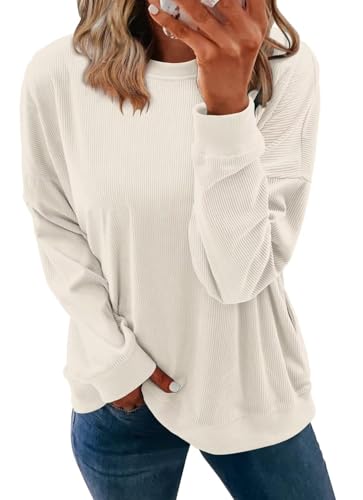 KISSMODA Women's Casual Long Sleeve Sweatshirt Color Block/Solid Crewneck Corduroy Pullover Cute Tops