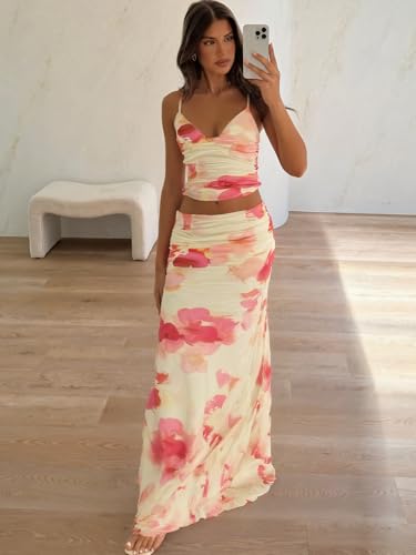 Image of ksotutm Maxi Skirt Set Floral Print Halter Top Maxi Skirt Sexy Going Out Outfits for Women