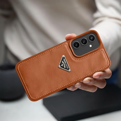 Image of Vaku Luxos Nyxen Back Cover Case for Samsung Galaxy S23 FE Premium Leather Stitched Soft Shockproof Protective TPU Phone Case Camera Screen Protector- Brown