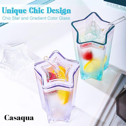 Image of Glass Cup with Lid and Straw - 350ml, Set of 1, Drinking Cup Set with Lids Straws, Cute Pentagram Design Color Glass Tumbler Cup for Smoothie Soda Ice Tea