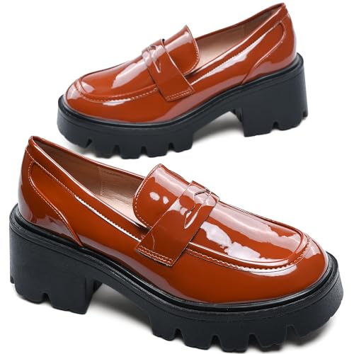 Image of Black Penny Loafers for Women - Women's Slip-On Platform Patent Leather Loafers, Chunky Comfort Shoes for Work & Dressy Occasions