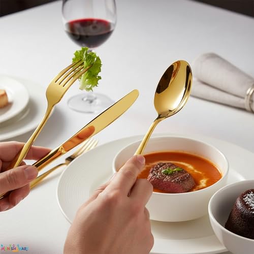 Image of Mirror Polished Gold 24 Pcs Stainless Steel Cutlery Set for Dining Table, Dishwasher Safe Glossy Flatware (6 Spoon Set + 6 Forks Set + 6 Butter Knife + 6 Dessert Spoon)