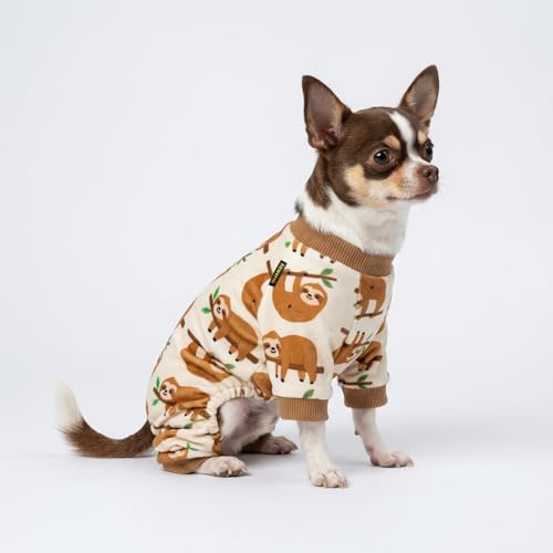 Image of Fitwarm Sloth Dog Fleece Pajamas, Soft Winter Clothes for Small Dogs Boy Girl, Funny Pet Outfit, Brown, Cream, Large