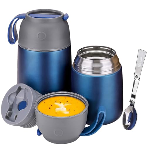 Insulated Thermo Food Jar for Hot & Cold Food for Kids Adult, 17&24 oz Soup Thermal Hot Food Containers for Lunch, Triple Layer Insulation Stainless Steel Food Jar with Spoon (2 Pack Blue)