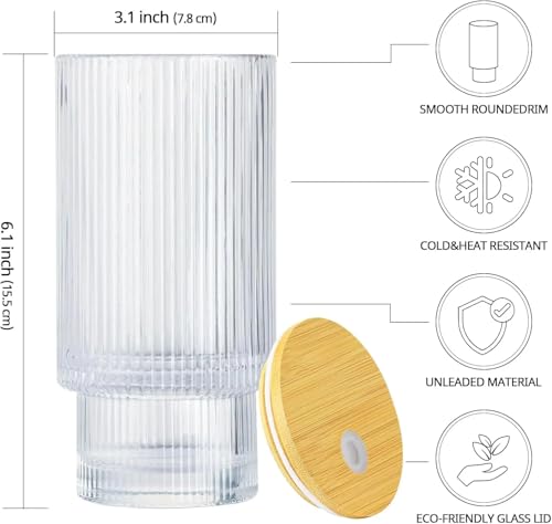 Image of ANKUL Ribbed Drinking Glasses Tumbler Set of 1 Wooden Lids and Straws - 300ml Clear Fluted Textured Vertical Stripe Glass Sipper Iced Coffee Cups for Beer-Cocktail-Beverage (1, Lining)