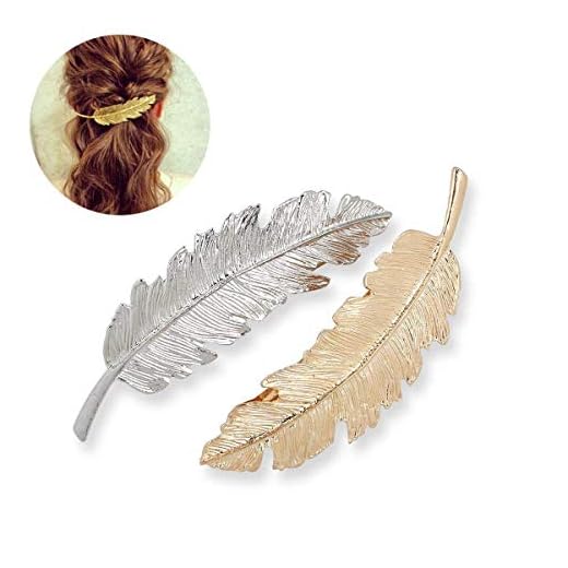 Westeng 2Pcs Pinza Joyería Diseño Retro Fashion Moda Horquilla Pelo Tocado Lado Clip Pin de Aleación De Plumas Hojas Pasador Garra Accesorios Barrettes (Dorado + Plata)