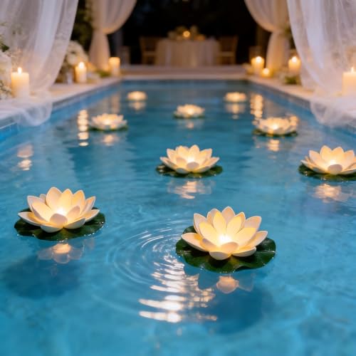 image for Scawim 12PCS Waterproof Floating Lotus Light, 5 Inch Floating Lily Flo