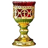 Orthodox Vigil Lamp Gold Plated Metal Red Glass Candle Holder with Cross Motifs for Church Home Shrine Religious Devotion (6.3In)