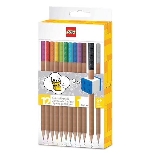 IQ LEGO 12er-Pack Buntstifte mit Bleistiftaufsatz (52064) 2x2 LEGO Stein Aufsatz 12 leuchtende Farben Kompatibel mit LEGO-Briefpapiersystem ab 6 Jahren 12 Buntstifte
