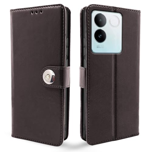 Image of Pikkme iQOO Z7 Pro 5G Flip Cover Leather Finish | Inside TPU with Card Pockets | Wallet Stand and Shock Proof | Complete Protection Button Flip Case for iQOO Z7 Pro 5G (Coffee)