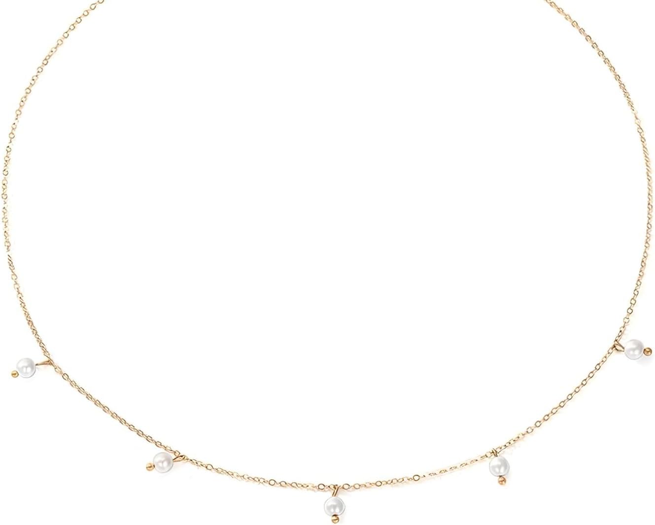 18k Yellow Gold Choker Imitated Pearl Drop Necklace For Women, 925 sterling Silver Tiny Pearl Necklace - Dainty Floating Pearl Necklace, Pearl Station Necklace