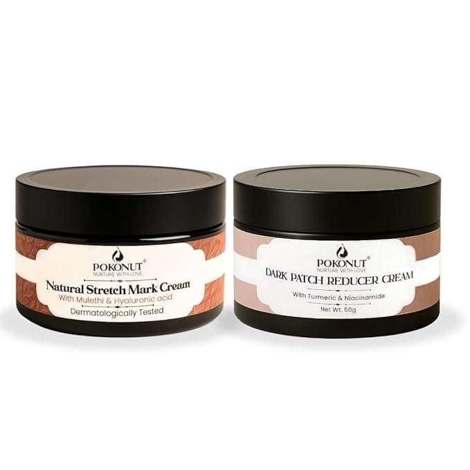 Image of POKONUT Flawless Skin Combo-Pokonut Dark Patch Removal Cream With Turmeric & Niacinamide, 50G Pokonut Natural Stretch Mark Cream With Mulethi & Hyaluronic Acid, Dermatologically Tested (50 gm, Combo - Pack of 2)