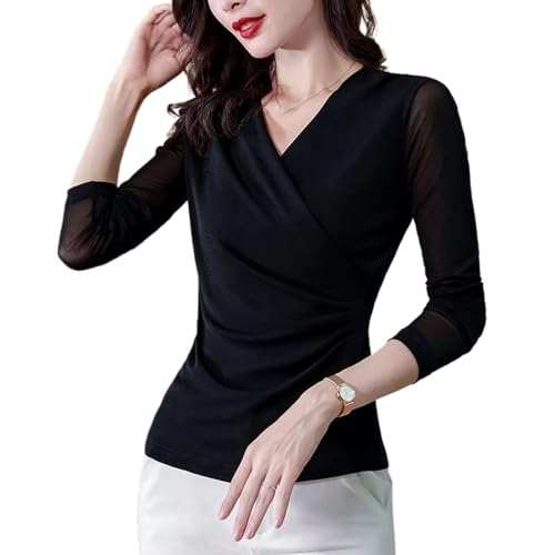 T-shirt manches longues col en V femme mode casual haut basique automne hiver