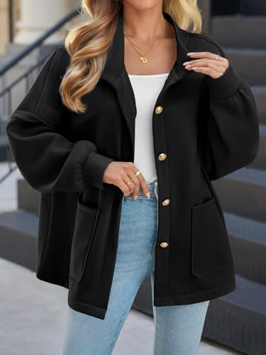 Yousify Womens Oversized Button Down Sweatshirts Jackets Casual Stand Collar Lantern Sleeve Coats Trendy Fall Outerwear4