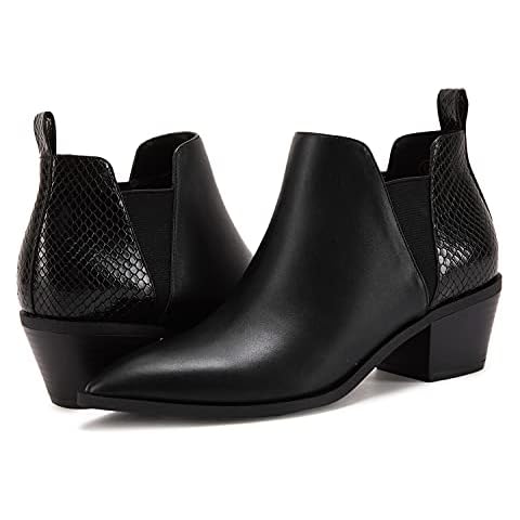 Minshluu Womens Black Ankle Boots Pointed Toe Stacked Chunky Heel Slip on Low Heel Booties Cover