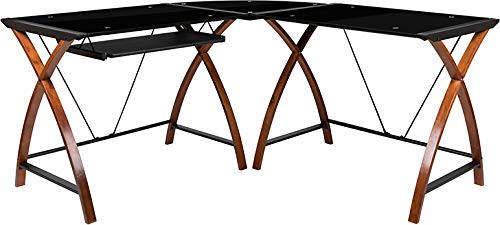 Flash Furniture Black Glass L-Shape Corner Computer Desk With Pull-Out Keyboard Tray, 83.25"W X 23.5"D X 29"H #TOP19