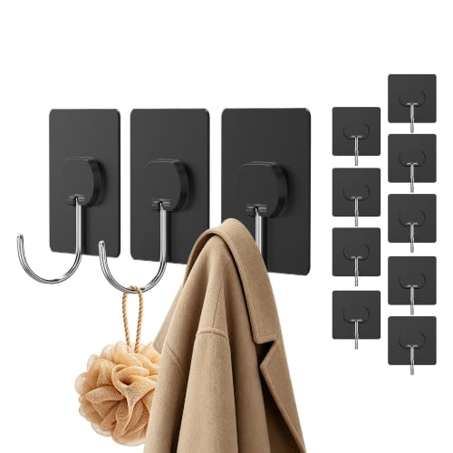 Image of Adhesive Wall Hooks No Drill Large Black Heavy Duty,13LB Sticky 12 Pack | Large Waterproof Black Sticky Hooks for Hanging,13lbs Max Load No Damage, Ideal for Towel,Coat,Bathroom,Kitchen,Home