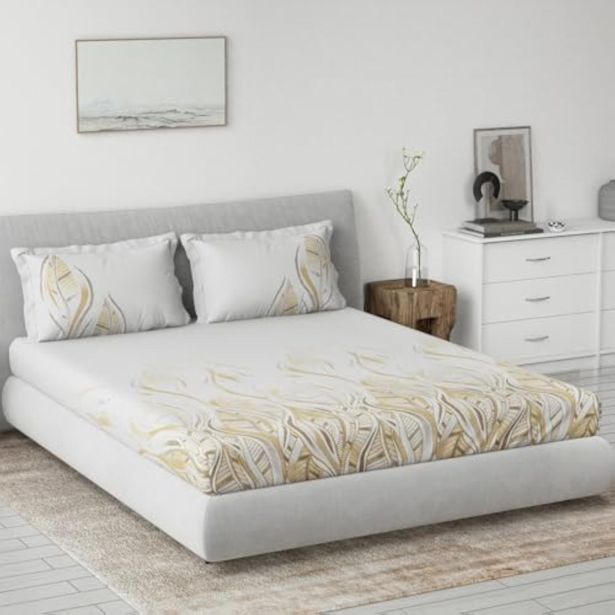 Cotton King Fitted Sheet Set with 2 Pillow Covers, 145TC