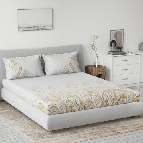 Image of DDECOR Live beautiful Cotton Queen Bed Sheet Set with 2 Pillow Covers (229 CM X 274 CM, Beige) Digital Print Contemporary 145TC GSM