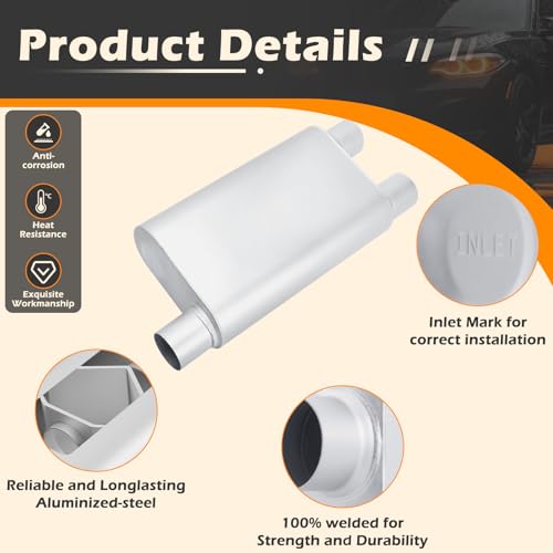 Image of A-KARCK Universal Exhaust Muffler 2.5 inch Center Inlet 2.5 inch Dual Outlet, 21 inch Overall Length Aluminized Steel Aggressive Sound Race Muffler for Cars, Trucks