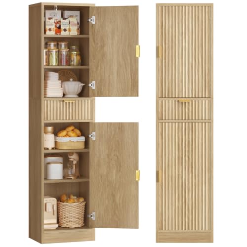 Image of TEENFON 66.9″ Storage Cabinet with 1 Drawer and 2 Doors, Tall Bathroom Storage Cabinet with Adjustable Shelves, Rattan Fluted Cabinet for Bathroom, Living Room, Kitchen, Natural Oak