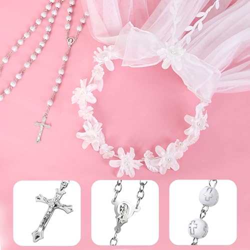 Girls First Communion Veil String of beads White Floral Crown Lace Veil3