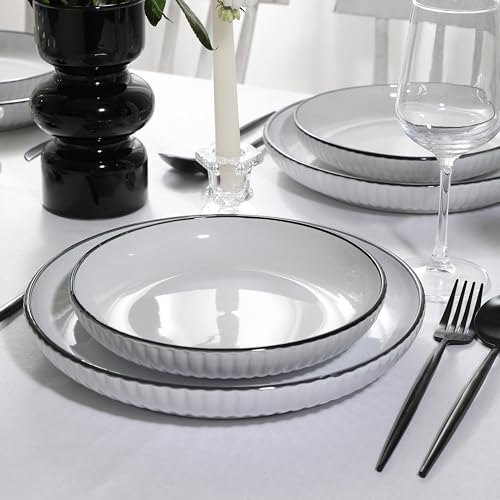 Image of Christian Siriano Lustra Modern 16-Piece Stoneware Dinnerware Set, Plates and Bowls Set, Dinner and Salad Plates, Ramen Bowls, Dishes for 4, White