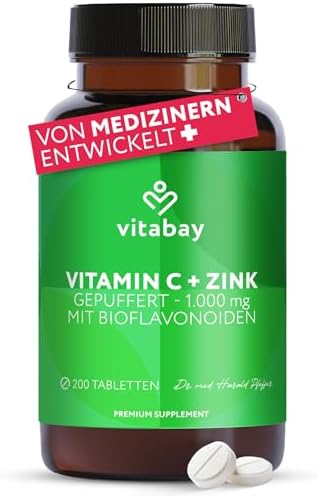 Vitabay Vitamin C Zink Tabletten 200 Vegane Tabletten 1000mg | Vitamin C hochdosiert Zink hochdosiert 1000mg C+ Kapseln