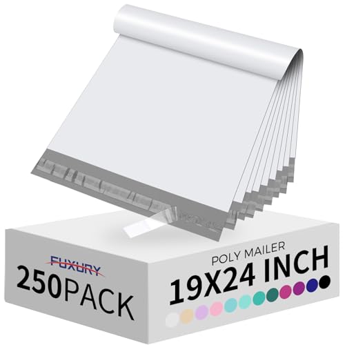 Fuxury Poly Mailers 19x24Inch 250Pcs,Waterproof Shipping Bags for Clothing,Strong Adhesive Shipping Envelopes for Small Business,Self Seal Poly Mailer Bags,Flexible Mailing Bags White