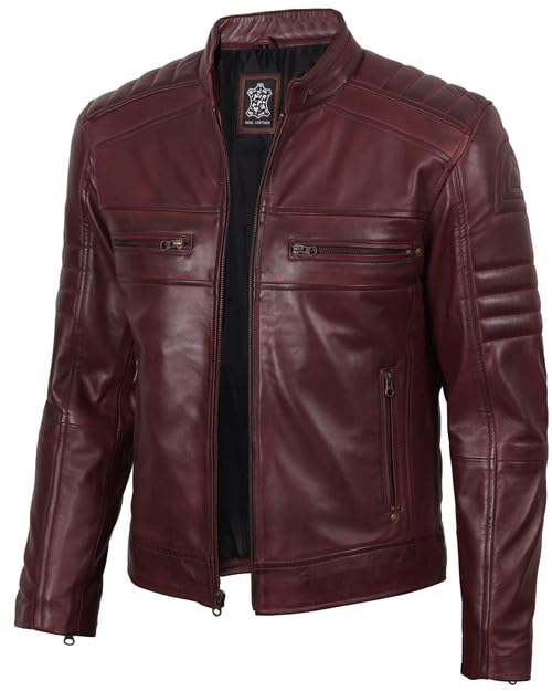Image of Decrum Cafe Racer Leather Jacket for Men - Real Lambskin Motorcycle Style Mens Jacket with Zipper Closure