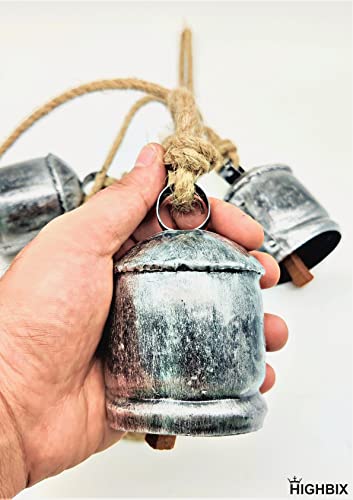 Highbix Harmony 4 Cow Bells Cluster On Rope Large Rustic Vintage Lucky Cow Bells On Rope Wall Hanging Décor (Silver) #TOP4