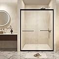 Fibetter 44-48" W x 72" H Double Sliding Shower Door, Aluminum Frame Shower Glass Doors with 1/4" (6 mm) Explosion Proof Film Glass, Bathroom Sliding Door Matte Black