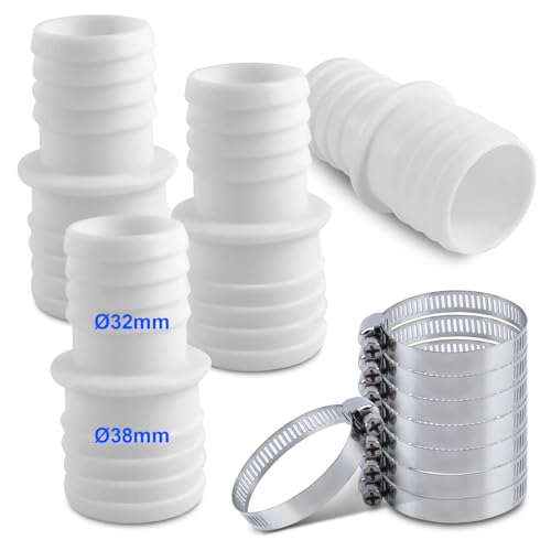 Cuidongsheng 4 Stück Pool Schlauchverbinder 32mm auf 38mm Poolschlauch Verbinder für 38mm-Schläuche auf 32mm-Anschlüsse Schlauchadapter mit 8 Pcs Schlauchschellen Pool Adapter Doppelschlauchtülle