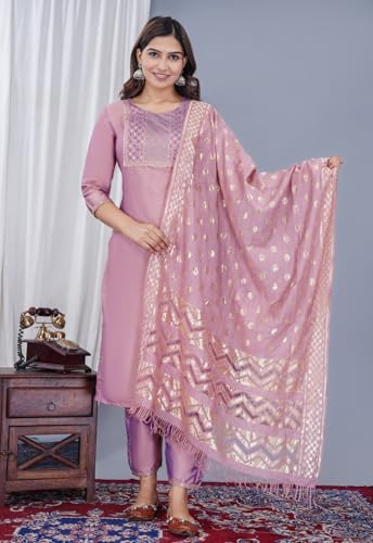Image of Women's Silk Embroidered Kurta with Pant and Dupatta Set, Straight Style