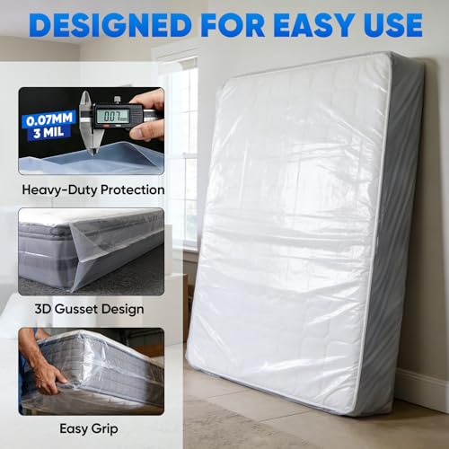Image of TICONN 2PK Plastic Mattress Bag for Moving Storage, Waterproof Mattress Protector Cover, Heavy-Duty Mattress Moving Supplies (3 mil, Twin) (Pack of 2)