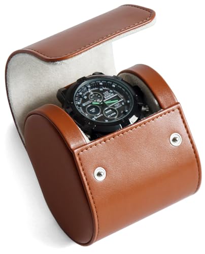 Besforu Watch Roll Travel Case for Men and Women with Suede Lining Watch Display Box Single Watch Storage and Organizer (1 Slot Light Brown)
