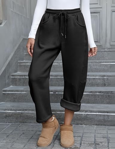 Hongsui Women's Baggy Sweatpants Fleece Lined Fall Winter Barrel Leg Pants Casual Drawstring Palazzo Pants with Pockets3