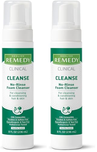 Image of Medline Remedy Clinical No-Rinse Foam Cleanser,Vanilla Scent,No Rinse Shampoo & Body Cleanser for Sensitive Skin,Hydrating,Paraben and Sulfate Free,For Face,Body,and Hair,All Ages, 8 fl oz (Pack of 2)