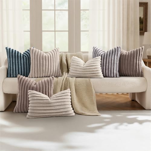Image of decorUhome Fall Cozy Faux Fur Throw Pillow Covers 18x18 Set of 2 Decorative Soft Plush Striped Modern Farmhouse Boho Couch Pillow Cases with Velvet Back for Sofa Bed Living Room, Beige White